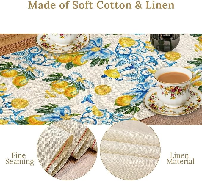Lemon Table Runner, Summer Hummingbirds Flower Bows Print Table Runner for Farmhouse Coffee Home Kitchen Dining Outdoor Party 13x90in
