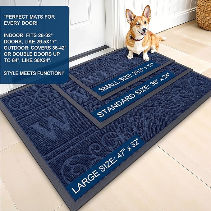 OLANLY Welcome Door Mat Indoor Outdoor Entrance, Heavy Duty Sturdy Front Door Mat, Waterproof All-Weather Doormat, Stain Resistant, Low Profile, Easy Clean Patio Entryway Mat, 47 x 32, Navy Blue
