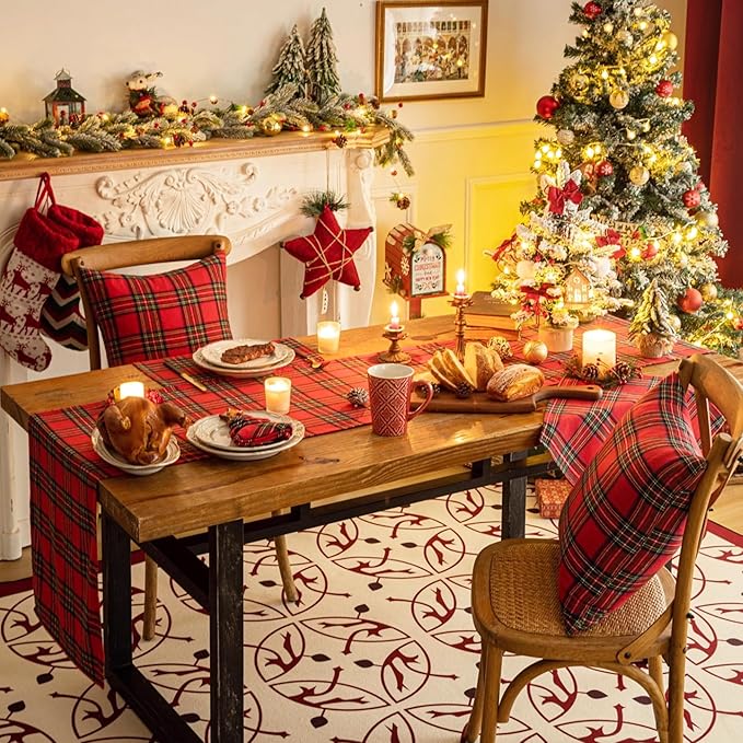Red Green Plaid Christmas Table Runner, Winter Holiday Table Runners 108 inches Long, Xmas Decorations Indoor Outdoor Farmhouse Home Kitchen Dining Party Decor