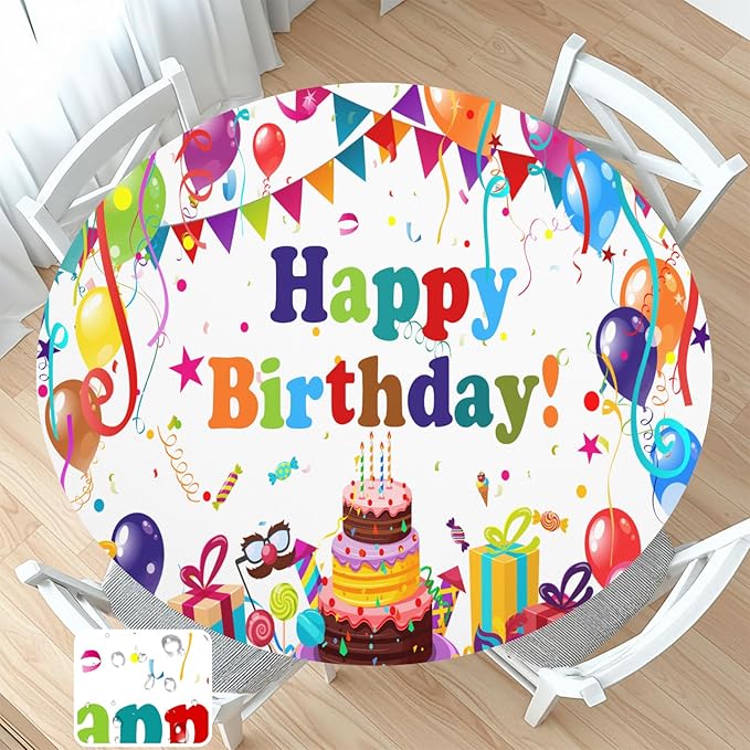 Birthday Round Fitted Tablecloth with Elastic Colorful Happy Birthday Party Circle Table Cover for 44-48" Round Tables Wipeable Waterproof Cake Balloons Gifts Table Cloth for Picnic Dining Patio Decor