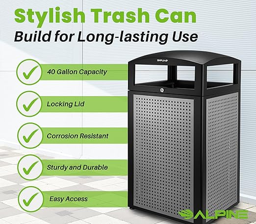 Alpine Industries 40 Gallon Commercial Outdoor Trash Can, Metal with Removable Bin & Locking Lid (Black & Grey)