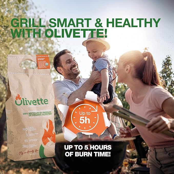 Organic Charcoal Briquettes by Olivette, Reusable Charcoal for Grilling, USDA Certified, Recycled Olive Tree Byproduct, Ready to Light, 6.6 lb. Bag Equal to 20 lb. Regular Charcoal, 4-Bag Bulk Case