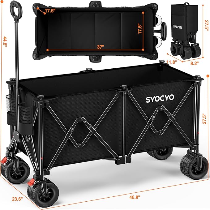 Collapsible Wagon Carts 570LBS Weight Capacity Foldable Beach Wagon with Big All-Terrain Wheels 330L Heavy Duty Utility Carts with Cup Holders for Camping, Garden, Sports, Grocery Black