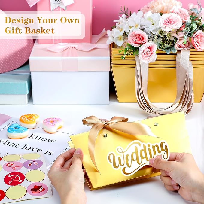 Glenmal 72 Pcs Baskets for Gifts Waterproof Empty Kraft Basket Bulk with Handles 9.8 x 6.5 x 4.3'' Gift Basket Empty to Fill for Wedding Party Christmas Valentines(Gold)