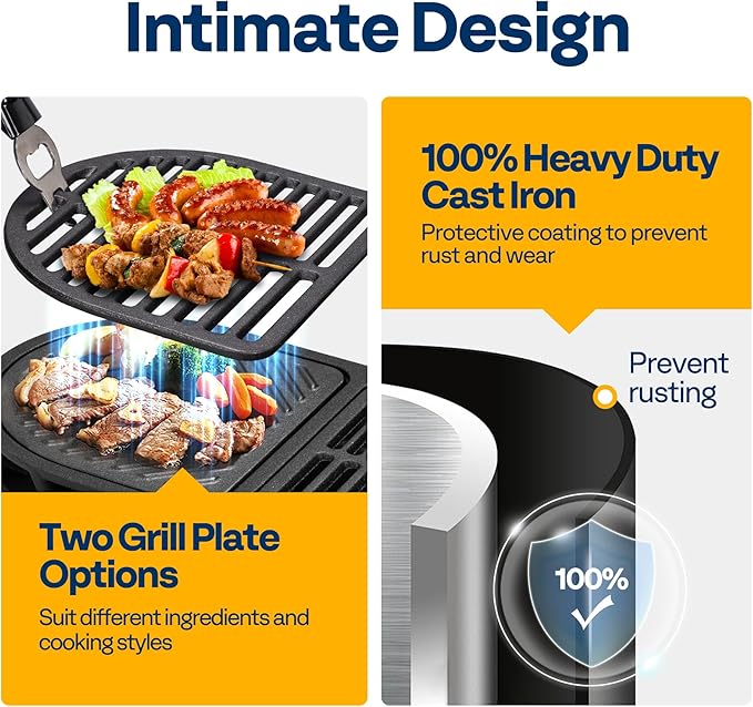 VIVOHOME Oval Cast Iron Grill with Interchangeable Grates & Griddle, 2 Furnace Doors for Heat Control, Includes Gloves, Poker and UV-Resistant Cover