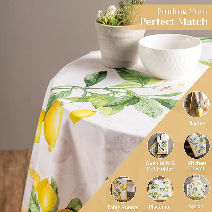 Maison d' Hermine Table Cloth Round Table 100% Cotton 69 Inches Tablecloth Reusable Decorative Everyday Use for Dining Room, Farmhouse, Home, Party, Festive & Wedding Spring Summer - Limoncello