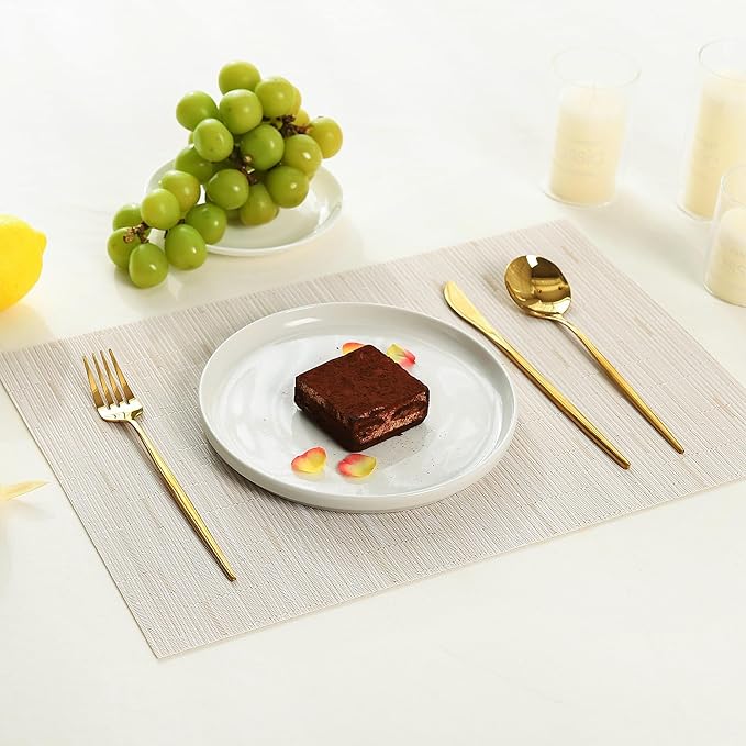 Leetaltree Pale Beige Placemats Set of 12 - Heat Resistant Non-Slip Place mats for Dining Table, Washable Durable PVC Vinyl Woven Table Mats（Pale Beige, 12）
