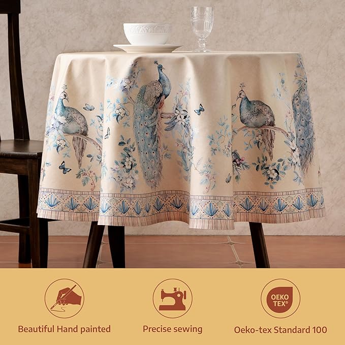 Maison d' Hermine Premium Table Cloth Round Table 100% Combed Cotton 70" Diameter Inches Tablecloth Reusable Decorative for Dining Room, Home, Party, Festive & Wedding - Peacock Utopia - Sandy Beach