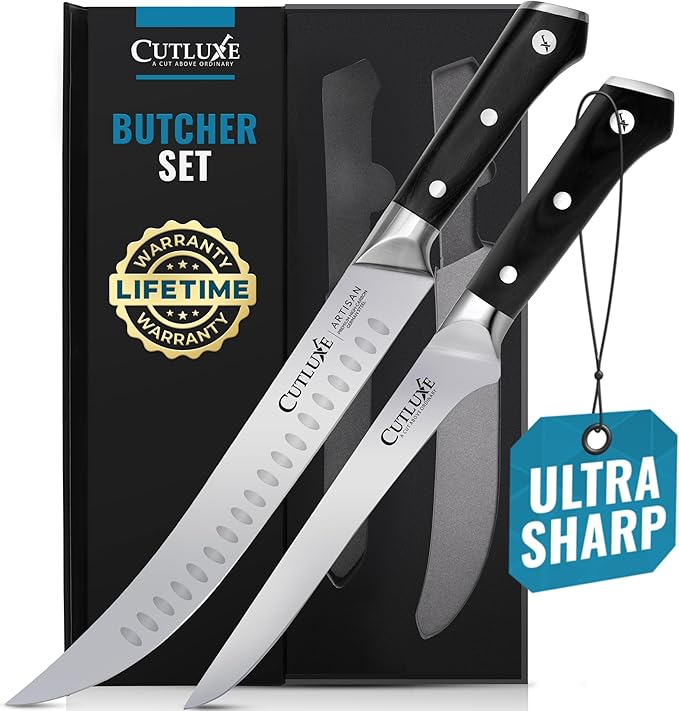 Cutluxe Butcher Carving Set – Cimeter Breaking & Boning Knives for Meat Cutting – Professional Knife, Razor Sharp German Steel, Full Tang, Ergonomic, Butcher Knives for BBQ – Artisan Series