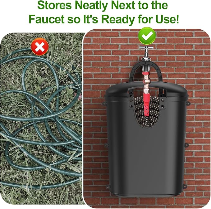 Riokko Garden Hose Holder Bucket, Hose Storage, Water Hose Storage for Outside, Hose Box Fits 25FT Heavy Duty/100FT Expandable/50FT Flat/50FT Stainless Steel Hoses, Hanging Handle & Drain Hole Design