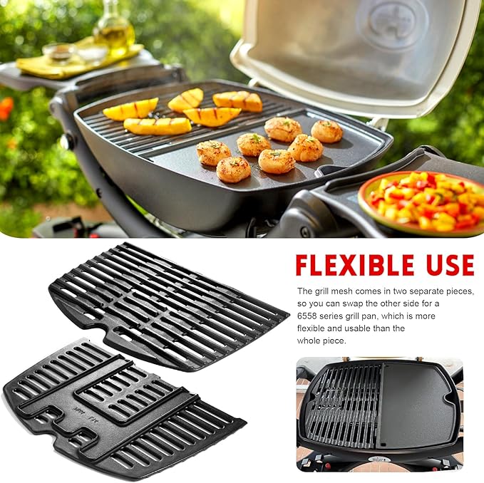 GGC 7644 7582 Grill Grates for Weber Q100 Q1000 Q120 Q1200 Q1400 Gas Grills, 17" x 12.7" Cast Iron Cooking Grates for Weber 50060001 51010001 51040001 51060001, 2PCS Baby Q Replacement Parts