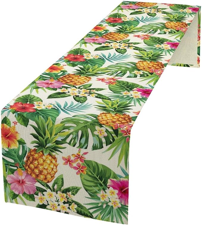 Summer Pineapple Table Runner, Tropical Palm Leaves Flowers Fruit Table Runner for Kitchen Dining Party Holiday Home 13x36in