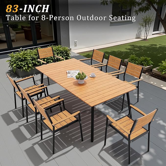 83" Patio Outdoor Dining Table for 6-8, Weather-Resistant Wood-Grain Top with Aluminum Frame & Umbrella Hole for Deck Gatherings, Brown