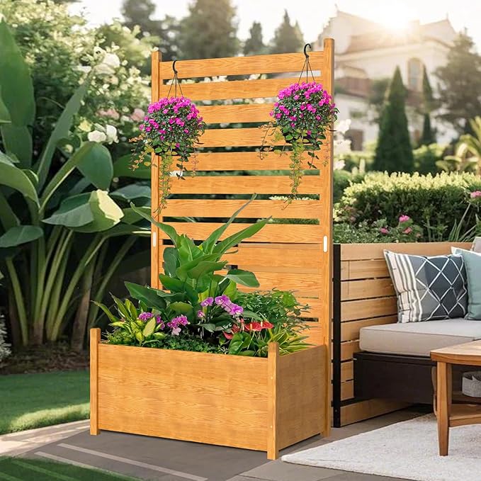 Air Conditioner Fence, Wood Decorative Fences with Planter Box, Outdoor Trash Can Privacy Screens for Outside, Pool Equipment Enclosure Panels 41" W x 73" H (1 Panel)