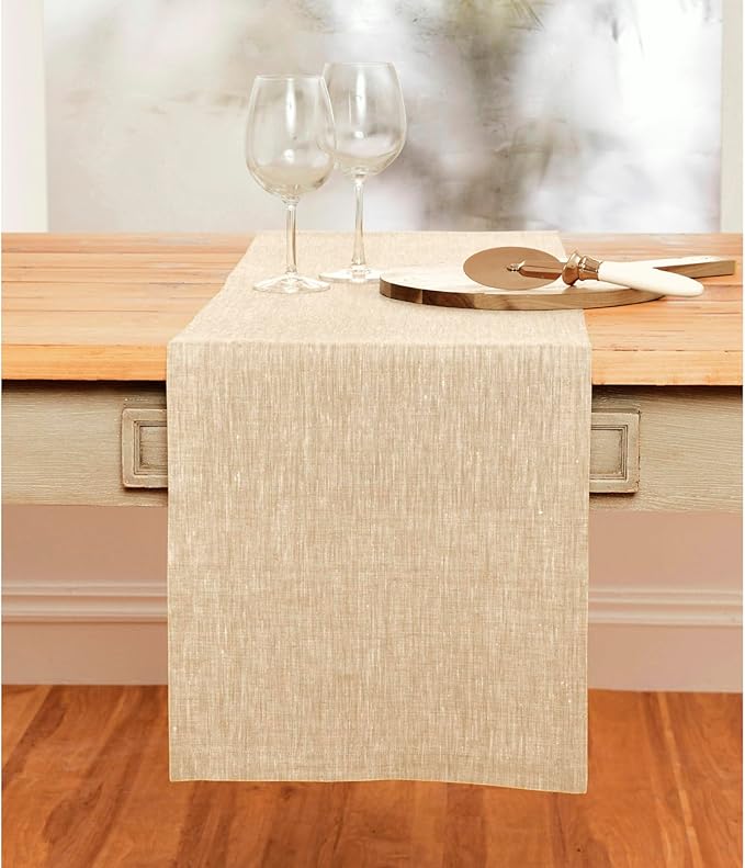 Solino Home Linen Short Table Runner 48 Inches - Athena, 100% Pure Linen Champagne Beige Table Runner 14 x 48 Inch Ideal for Dresser and Coffee Tables - Spring, Easter