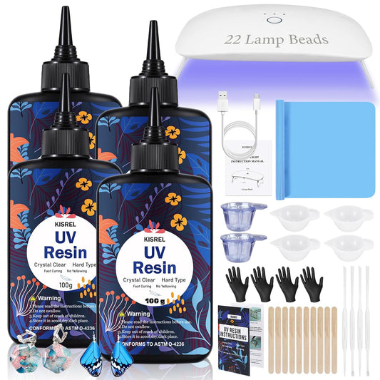 KISREL 400g UV Resin with Light, UV Headlamp 22 Beads 36W (Non-Battery), Larger Size Light and Upgraded Hard Type Crystal Clear UV Resin Kit for Craft & Jewelry Making