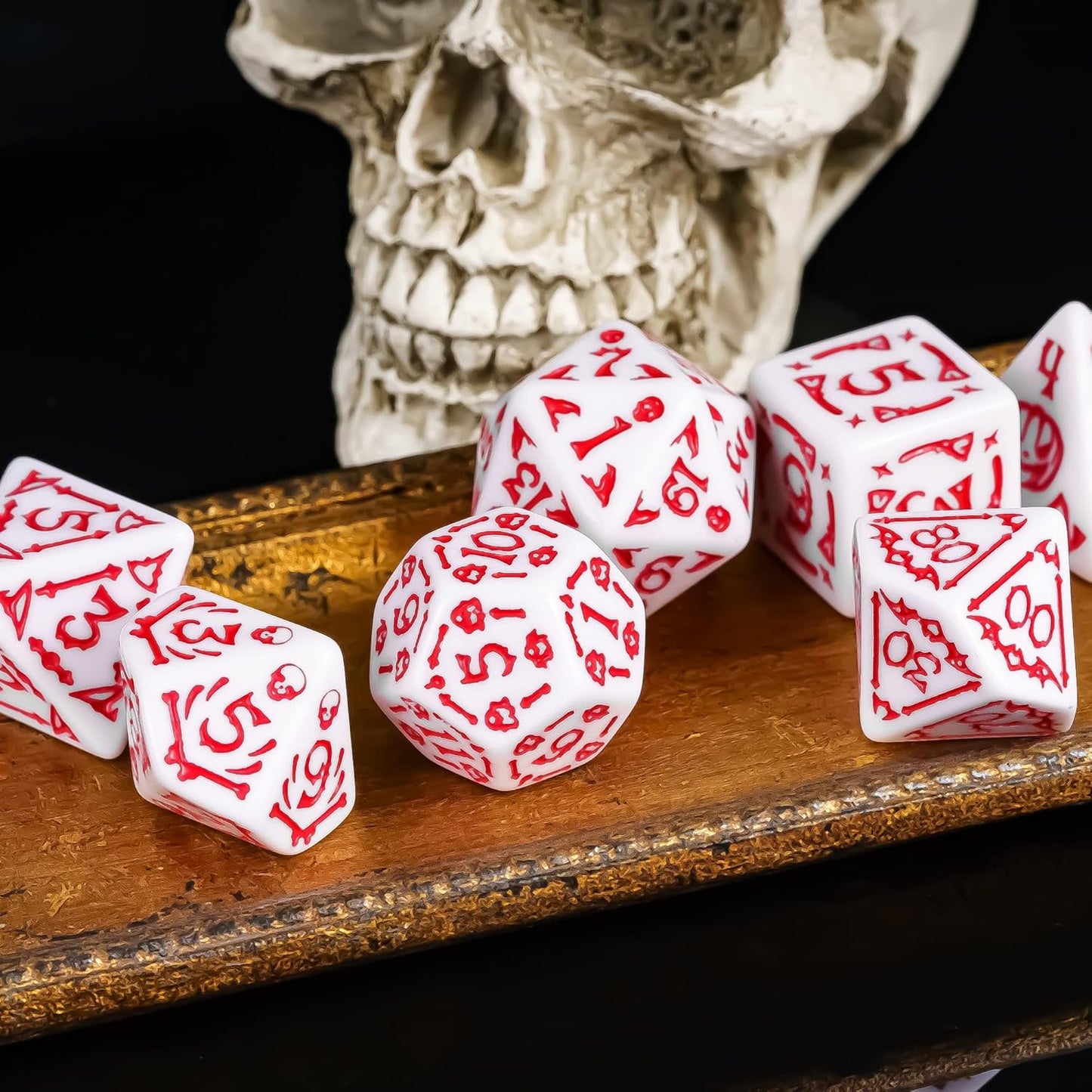7-Die DND Dice Set Halloween Pattern Polyhedral Dice Set with Leather Bag, Skull Die D&D Die for RPG Table Games (Halloween Pattern-White/Red Number)
