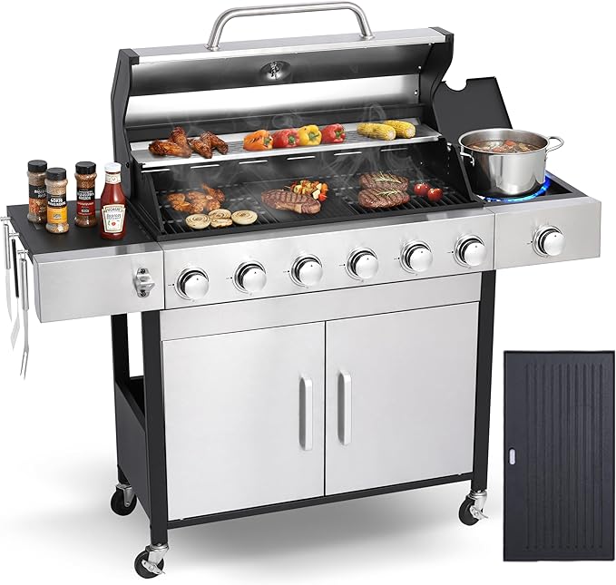 6-Burner Propane Grill - 65850 BTU BBQ with Side Burner | Porcelain Cast Iron Grates | Stainless Steel Outdoor Grill for Backyard, Camping, Tailgating (Fast Heating & Easy Clean)