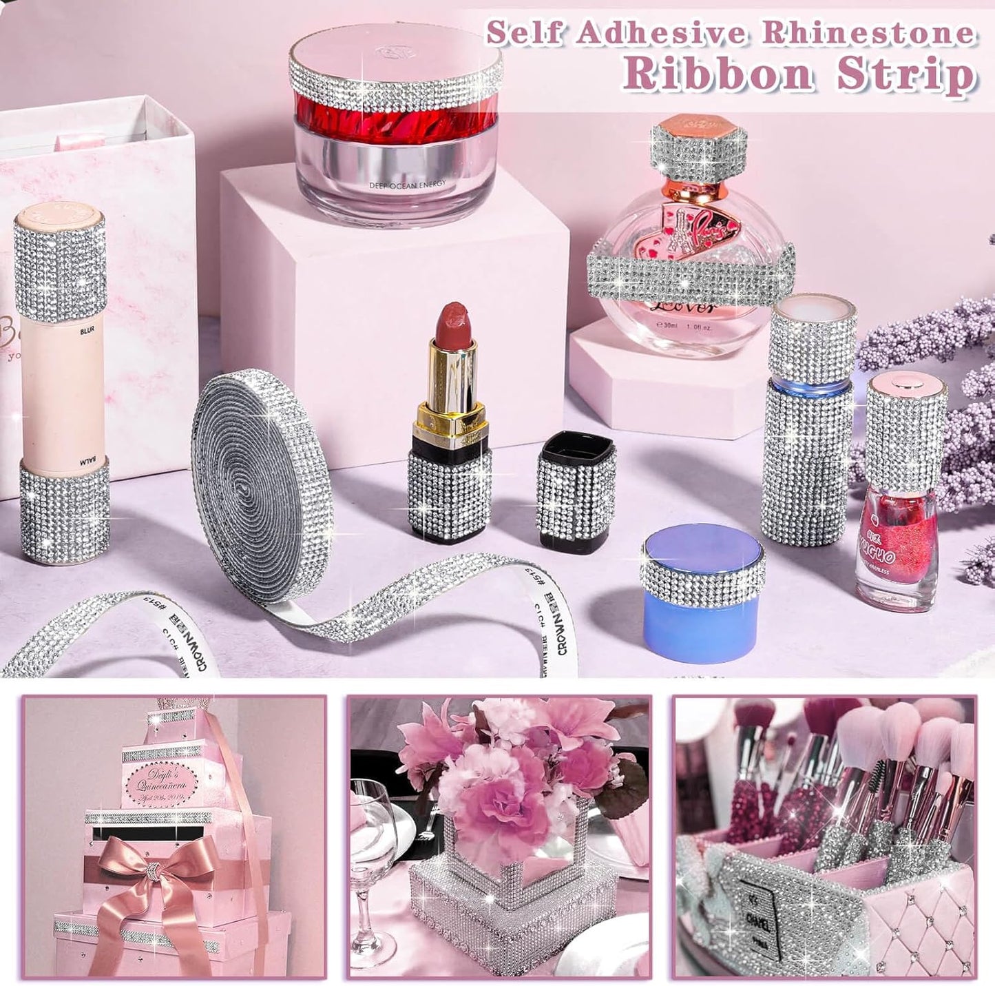 5 Yards Self Adhesive Rhinestone Ribbons, Sliver Rhinestone Strips, Diamond Crystal Rhinestone Ribbon Roll Stickers Glitter Bling Ribbons Rhinestone for Crafts Fabric Car Shoes Décor