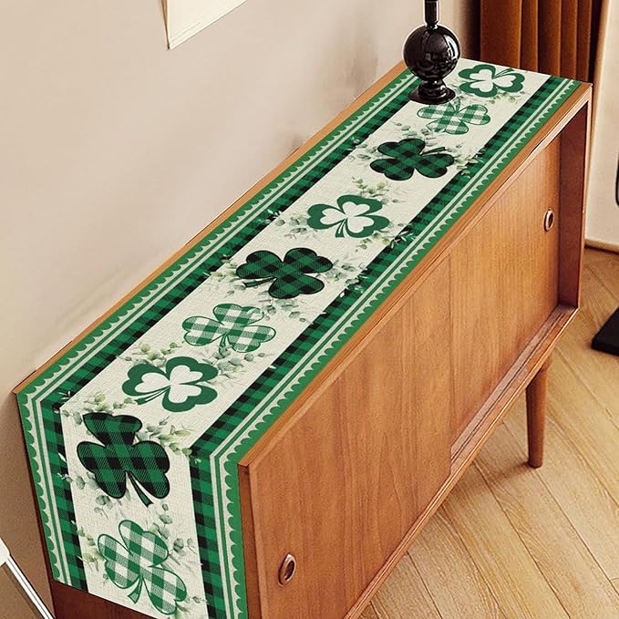 St.Patrick's Day Table Runner,Green Plaid Clover Eucalyptus Leaves Retro Linen Table Center Decor for Home Kitchen Dining Patio Holiday Party Indoor Decorations, 13"x36"