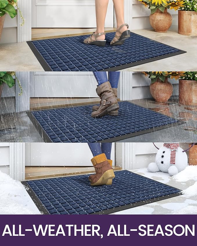 DEXI Front Door Mat Outside Entrance, 17x29 Rubber Entry Doormat Heavy Duty, Welcome Mats Non Slip for Inside House Floor Entryway Double Doors Exterior Patio, Checkered Blue
