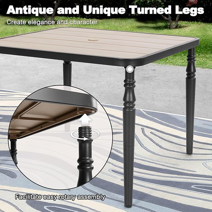 NUU GARDEN 37" Square Outdoor Dining Table, Metal Dining Table with Umbrella Hole, Wood-Grain Tabletop, Weather-Resistant for Garden, Backyard, Deck, Lawn