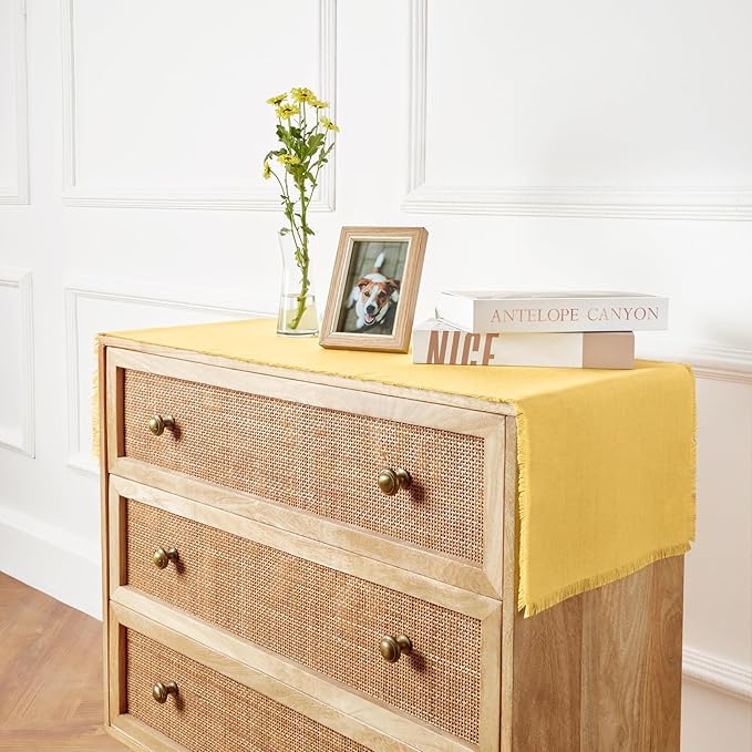 Solino Home Fringe Linen Table Runner 48 Inches - 100% Pure Linen Marigold Yellow Table Runner 14 x 48 Inch Ideal for Dresser and Coffee Tables, Spring, Easter
