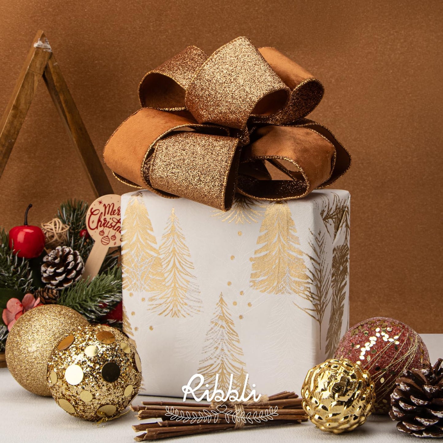 Ribbli Burnt Orange Velvet Wired Ribbon 2.5 Inch Copper Velvet with Copper Glitter Christmas Ribbon for Christmas Tree Decoration Big Bow Gift Wrapping Crafts Wreaths Supplies- 10 Yards