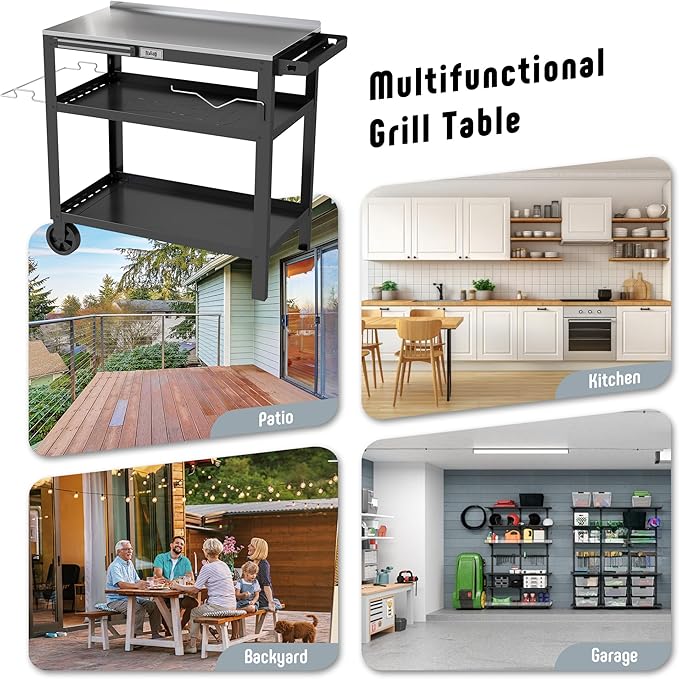 31.5"x18" Outdoor Grill Cart with Stainless Steel Tabletop, Movable Grill Table with Seasoning Rack & Magnetic Tools Holder, Backyard BBQ Kitchen Food Prep Table for Portable Grill & Pizza Oven