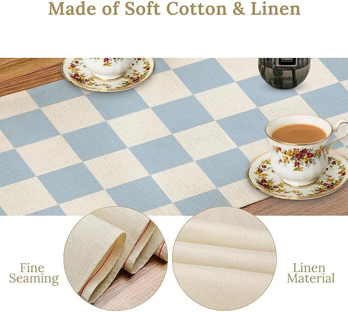 Checkered Table Runner, Retro 70s Blue Buffalo Check Table Runners for Party Kitchen Dining Wedding Banquet 13x90in