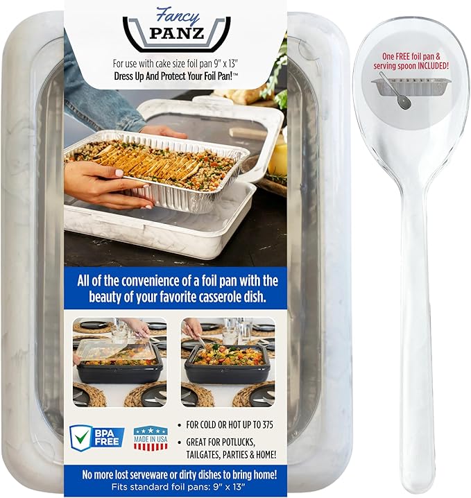 Fancy Panz - Marble 9x13x2" Aluminum Foil Pan Carrier with Lid - Elevated Food Serving Tray - Portable Casserole Carrier with Lid - Made in the USA Hosting Essentials