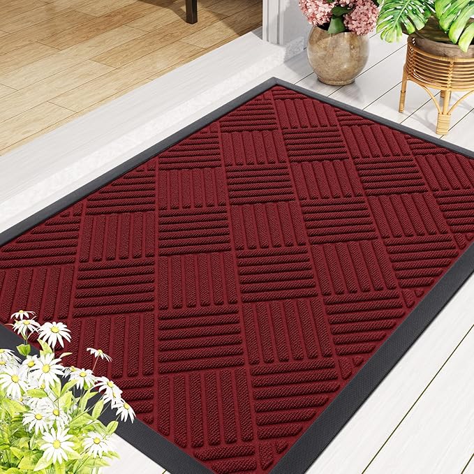 Smiry Front Door Mat Outside Entrance, Heavy Duty Outdoor Indoor Mat, Natural Rubber Doormat, Non Slip, Trap Dirt and Moisture, Easy Clean, Low Profile Patio Porch Entryway Mat, 35x23, Wine Red