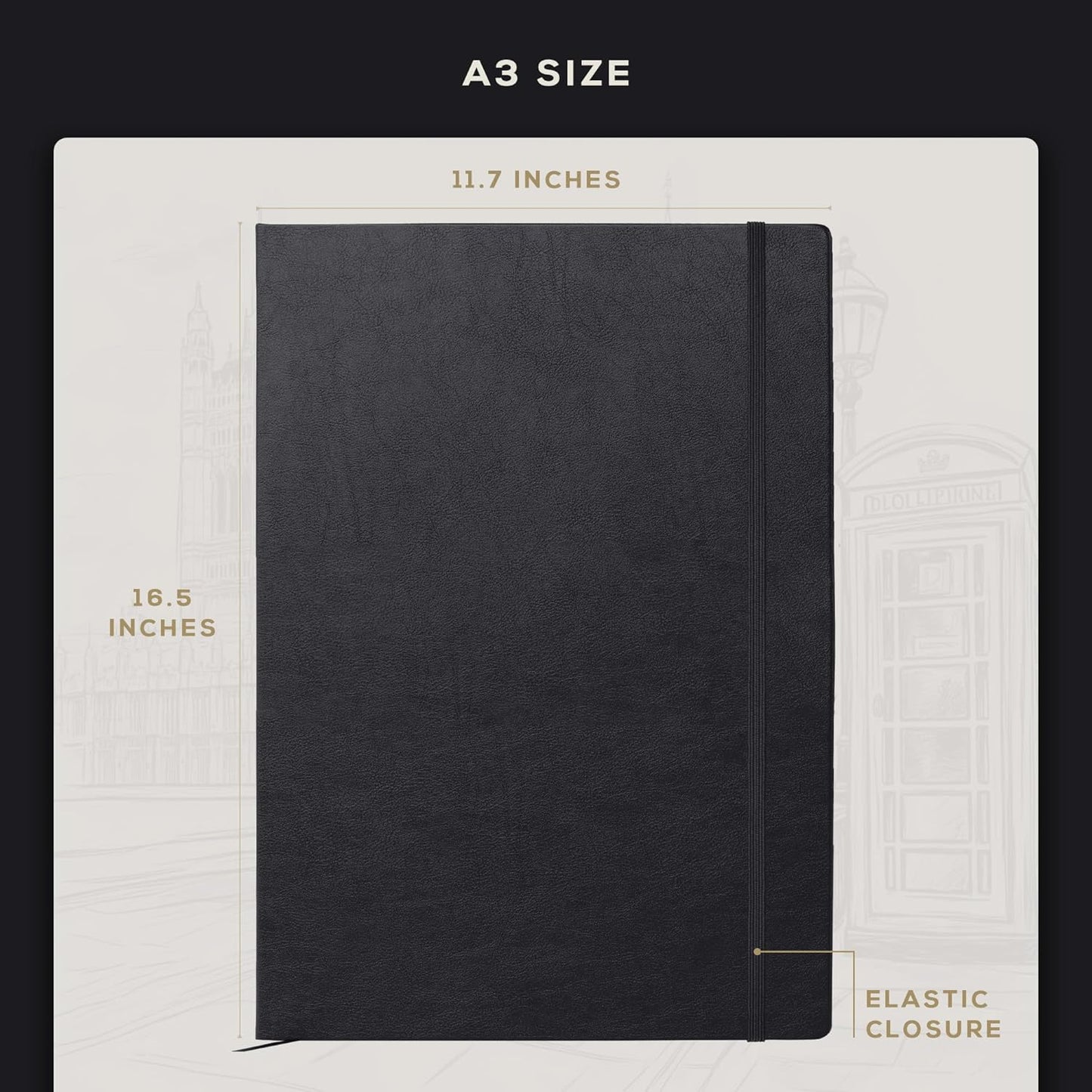 Beechmore Books A3 Sketchbook – 11.7x16.5 Premium Vegan Leather Bound Extra Large Sketch Book Hardcover, 160gsm 160 Perforated Ivory Pages, Blank Sketch Pad, Gift Boxed, Back Pocket, Ribbon Bookmark