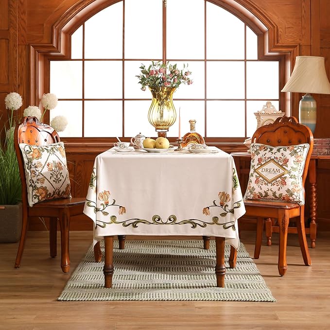 patdrea Designer Linen Rectangle Tablecloth,Vintage French Floral Tablecloths,Wrinkle Free Table Cloth,Decorative Table Cover Cloth for Kitchen,Dining,Tea Party,Home,Christmas,63"*87"