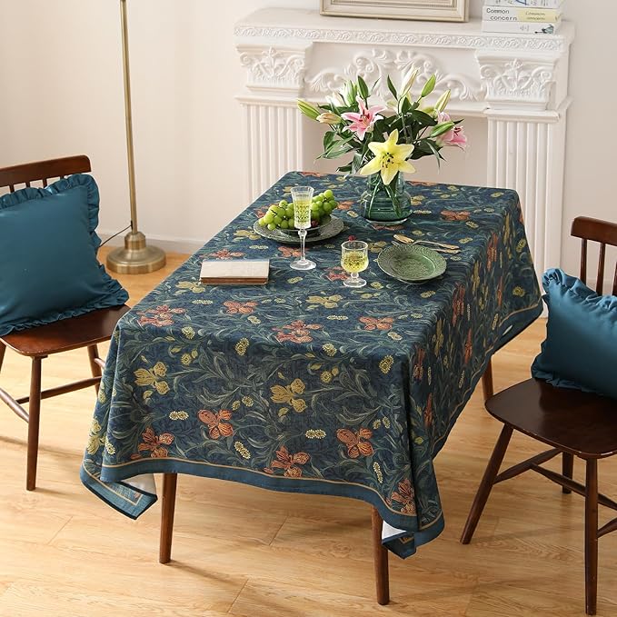 patdrea Designer Dark Blue Linen Rectangle Tablecloth,Vintage French Rustic Floral Pattern Tablecloths,Decorative Table Cover Cloth for Kitchen,Dining,Tea Party,Home,Christmas,55"*71"