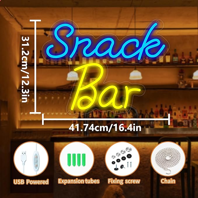 Snack Bar Neon Sign for Wall Decor, USB Powered Snack Bar Led Sign, Reusable Snack Light Up Sign for Boys and Girls, Light Up Sign for Bedroom and Livingroom