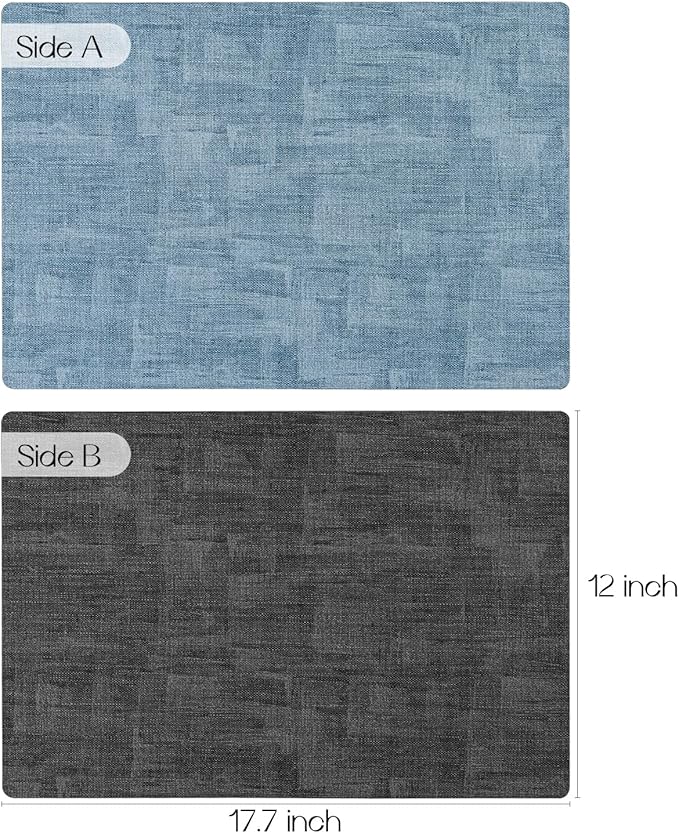 Romanstile Reversible Vinyl Placemats Set of 8, Faux Leather 100% Waterproof Oil-Proof Wipeable Place Mats, Heat Resistant Dual Sided Table Mats for Kitchen/Dining/Party (Grey Sky Blue, 12 x 17 Inch)