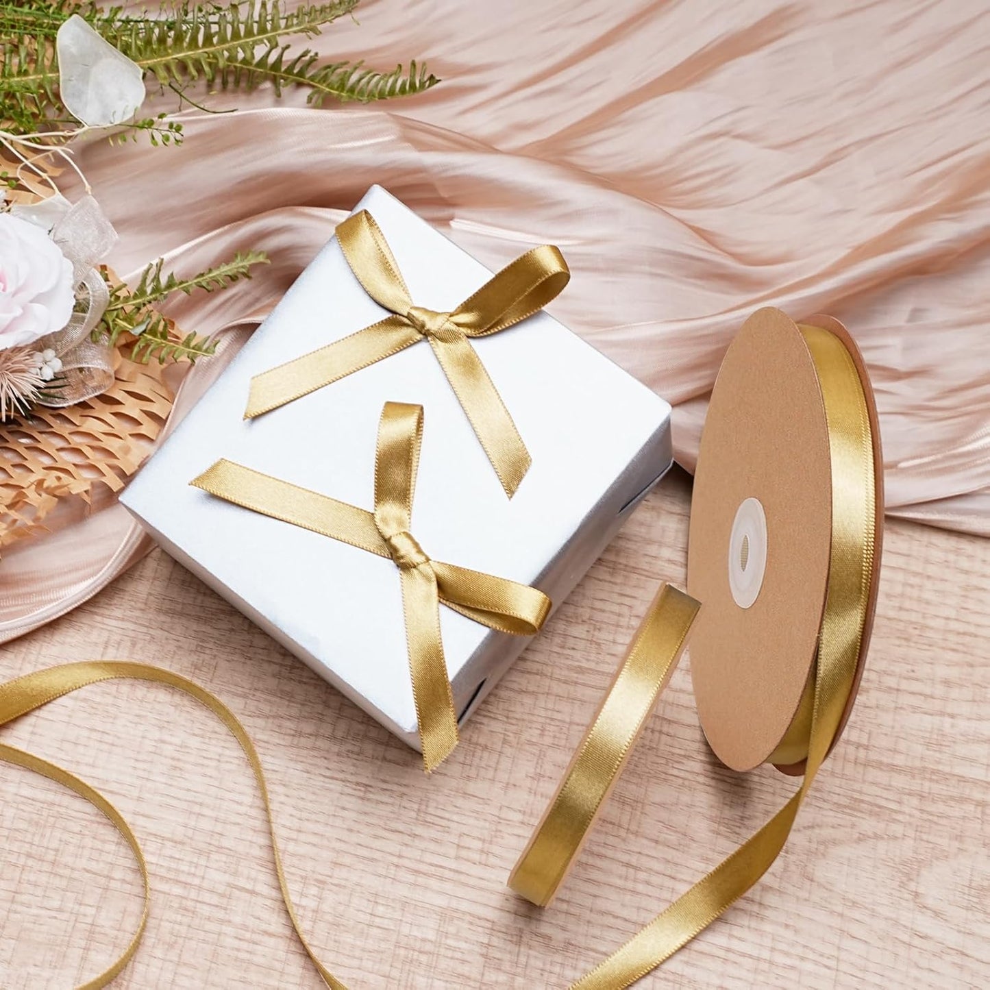 LaRibbons Gold Satin Ribbon 3/8 Inch 50 Yards Thin Luxury Double Faced Pale Gold Silk Ribbon for Flower Bouquet Crafts Gift Wrapping Wedding Christmas Decoration