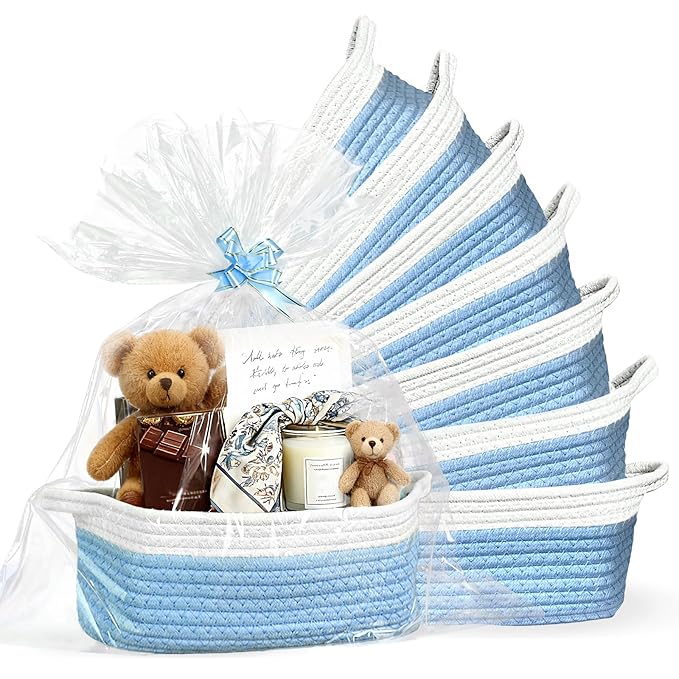 Succwoah 8 Pack Small Woven Baskets with Gift Bags & Ribbons & Cards, Cotton Rope Nursery Storage with Handles, 12"x8"x5", Empty Gift Baskets for Baby Shower, Christmas, Thanksgiving, Organizer (Blue)