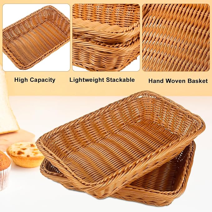 2 Pack 12" Rectangular Poly Wicker Bread Baskets, Durable Woven Serving Basket for Fruits, Vegetables Bread Indoor/Outdoor Use in Kitchen, Home, Restaurant