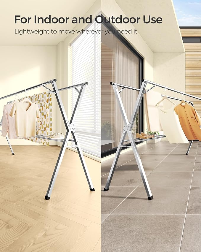 SONGMICS Clothes Drying Rack, Heavy-Duty Laundry Drying Rack, 45.7-63.4 Inches Extendable, Foldable Freestanding Airer, Stainless Steel, for Indoor Outdoor Use, Dove Gray ULLR901E01