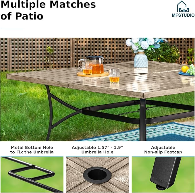 MFSTUDIO Patio Dining Set for 8, Metal Patio Table and Chairs Set, Outdoor Dining Set with Umbrella Hole, 9 Piece Outdoor Patio Furniture Set for Deck Backyard Poolside Garden