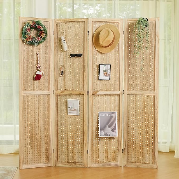 Pegboard Display, 5.6Ft Wooden Room Divider Folding Privacy Screens Portable Freestanding Wall Organizer for Retail Craft Art Display Board (4panels, Natural)