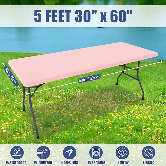 Spandex 5 Foot Rectangle Table Cloth 6 Pack, Elastic Fitted Tablecloths for Picnic, Stretch Washable Patio Table Cover for Outdoor, Camping, Banquet and Parties (Pink, 30"x60")