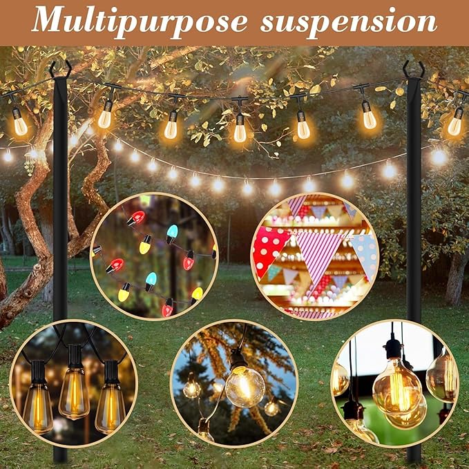 2 Pack String Light Poles,Metal Poles for Hanging Outdoor Light Strings,2 Pack 10 FT Light Poles Stand for Outside Garden,Patio,Wedding,Backyard,Deck,Party