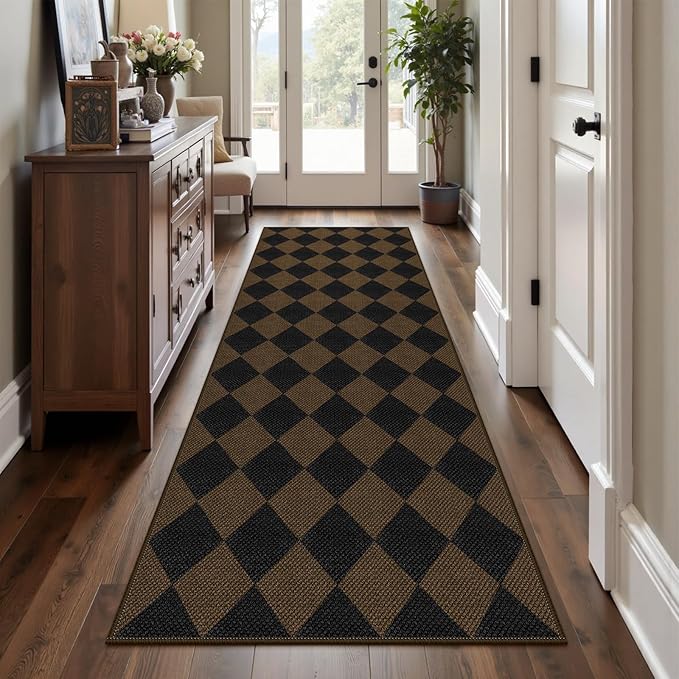 Easy Jute Checkered Runner Rug, 2.6x8 Coffee Modern Washable Rugs Runner for Hallway Non-Slip Kitchen Runner Rug, Geometric Diamond Indoor Outdoor Carpet for Porch Laundry Entryway