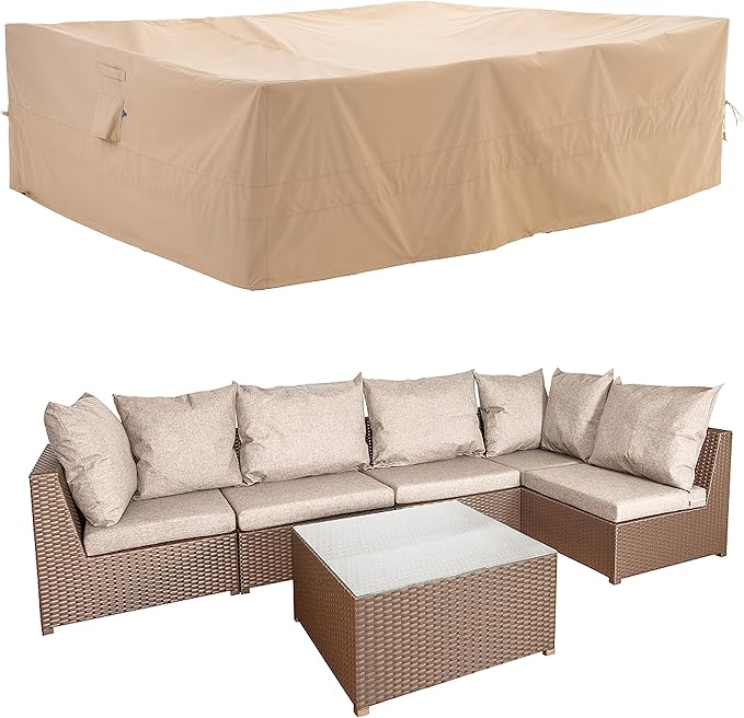 WJ-X3 Large Rectangular Beige Heavy-Duty Patio Table Cover, 136x88x36in - Wind-Resistant, Waterproof, Anti-Fade - Perfect for Outdoor Sectional Furniture Sets