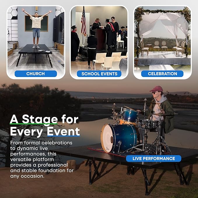 16'x24' MyStage 24 Portable Stage -Performance Floor Versatile Platform Modular System Stage - DJ, Drum, Camera Stage Riser -Compact & Stable, Easy to Carry, Assemble & Transport