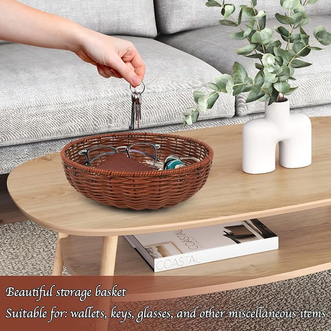 Imitation Wicker Bread Basket, 3 Pack Woven Rattan Basket Round Woven Baskets Woven Breads Baskets For Serving Vegetables, Kitchen, Restaurant, Outdoor, 3 Sizes (Brown)