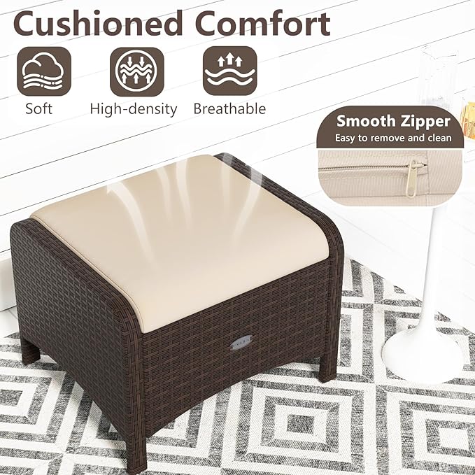 Tangkula 2 Pieces Outdoor Patio PE Wicker Ottomans with Removable Cushions, Outdoor Furniture for Additional Seating, Footrest and Side Table, Outdoor Footstools for Porch, Garden and Backyard